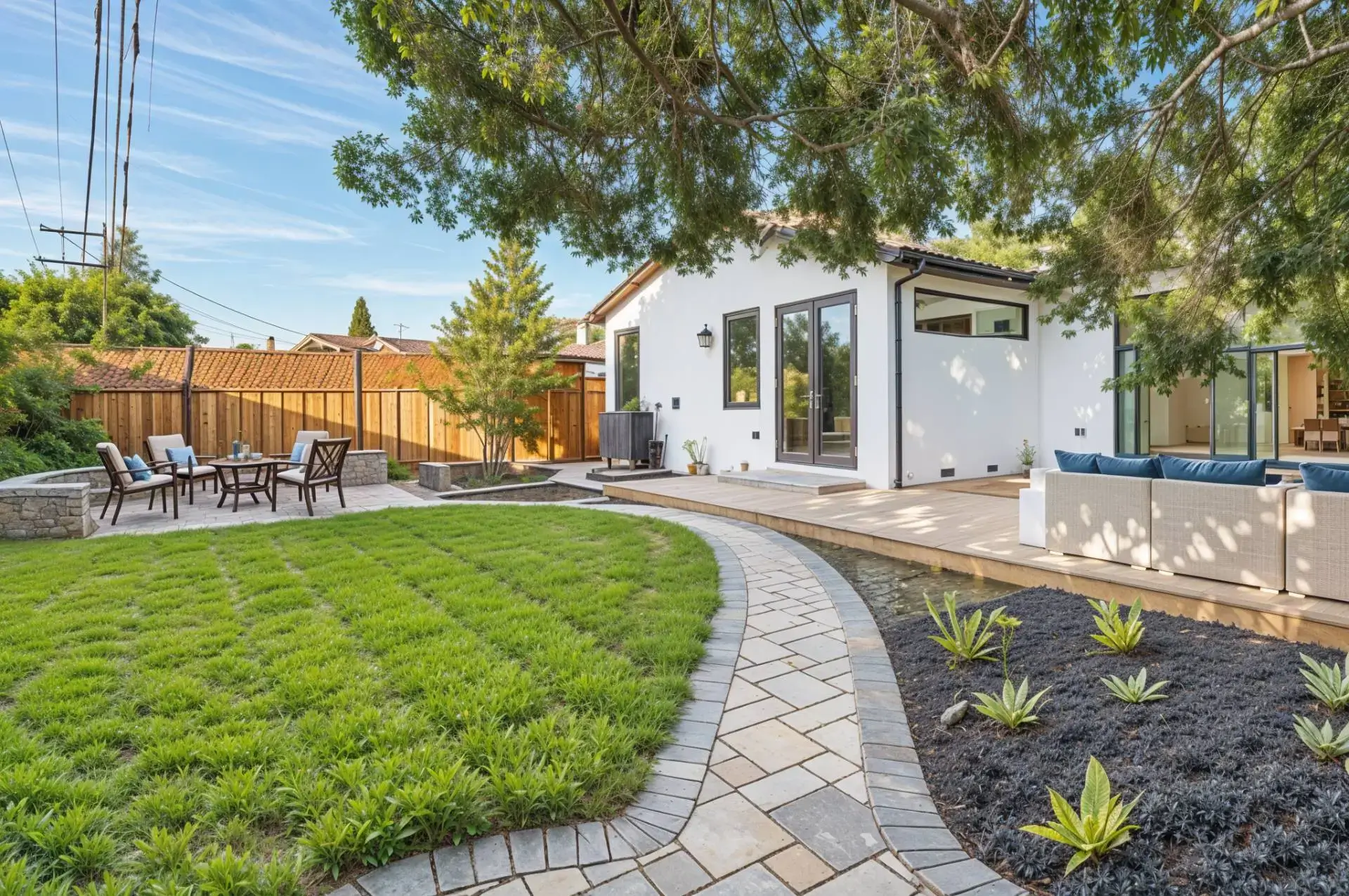 Modern backyard with patio, lawn, dining area, and pathway leading to a white house.