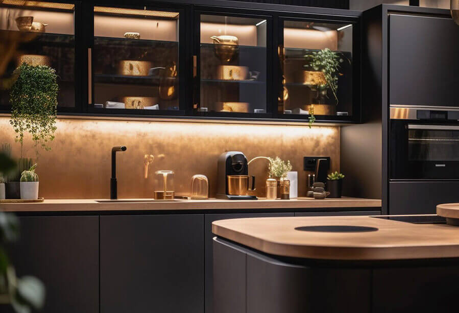 Modern kitchen featuring black cabinetry, a wooden island, metallic accents, and stylish plants amidst ambient lighting.