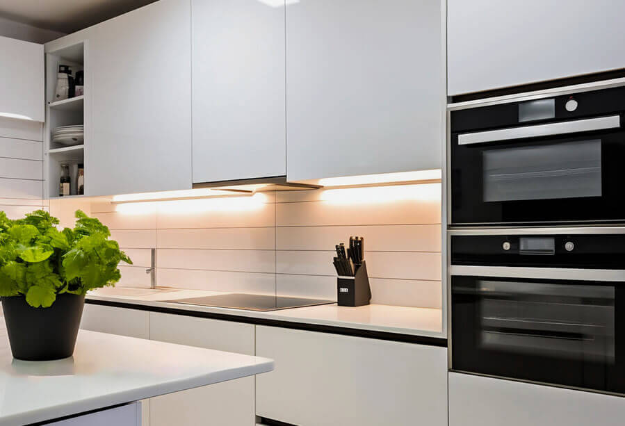Modern kitchen with sleek white cabinetry, a black pot of greenery, and built-in ovens, showcasing minimalistic design and ambient lighting.